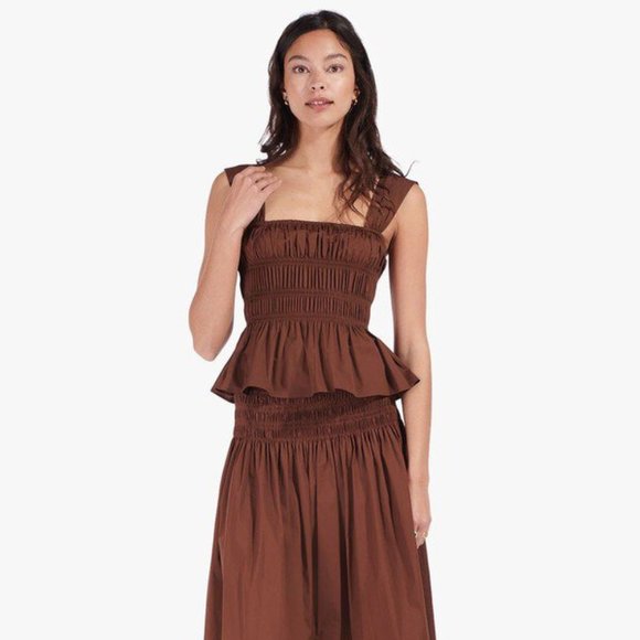 STAUD Brown Smocked Peplum Blouse - Picture 2 of 13